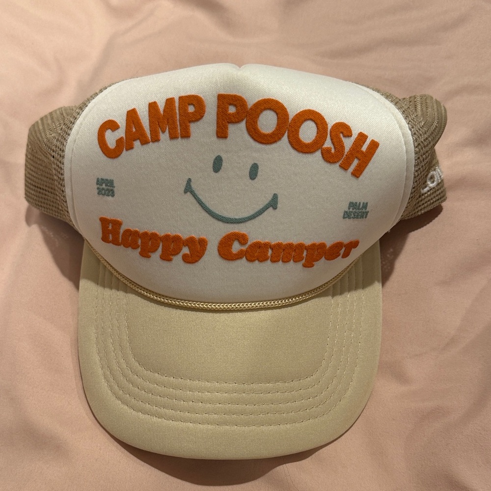 Camp Poosh "Happy Camper" Beige Trucker Hat